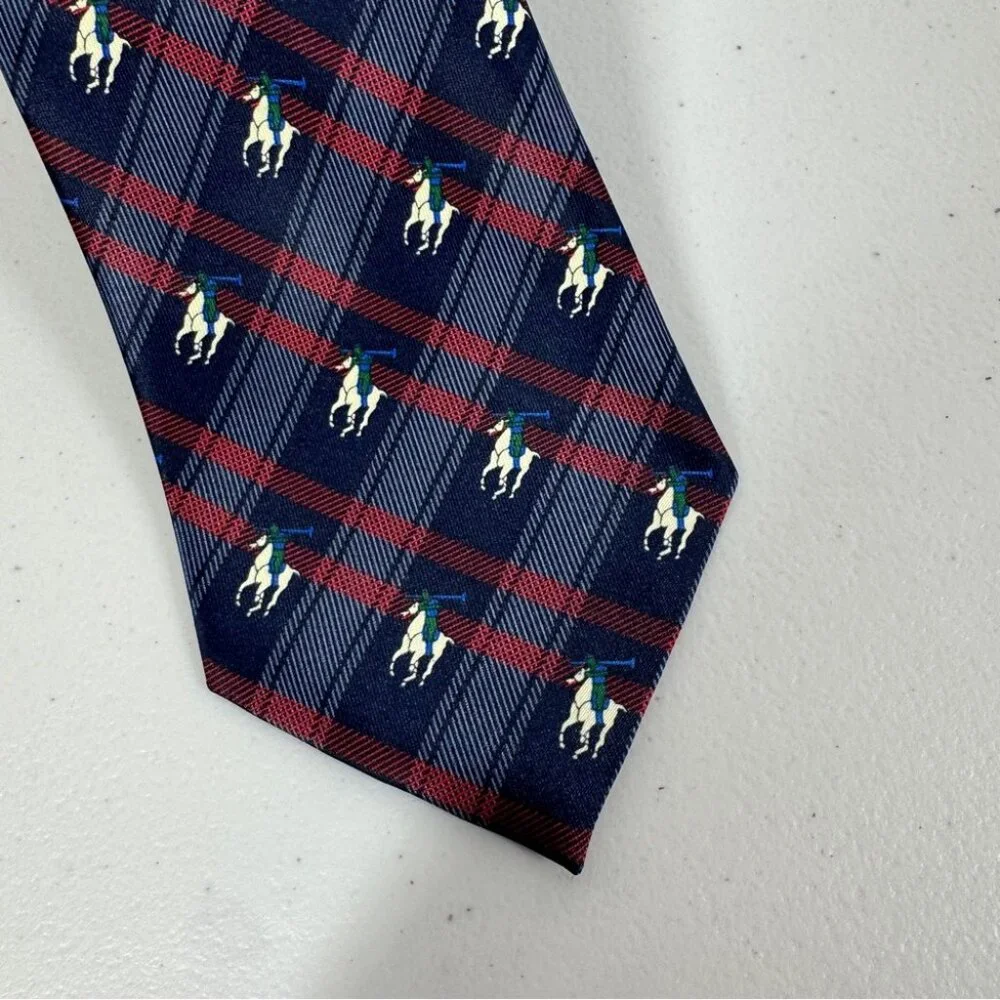René Chagal Silk Polo Horse Tie Navy Plaid Equestrian Designer Necktie - Picture 4 of 12